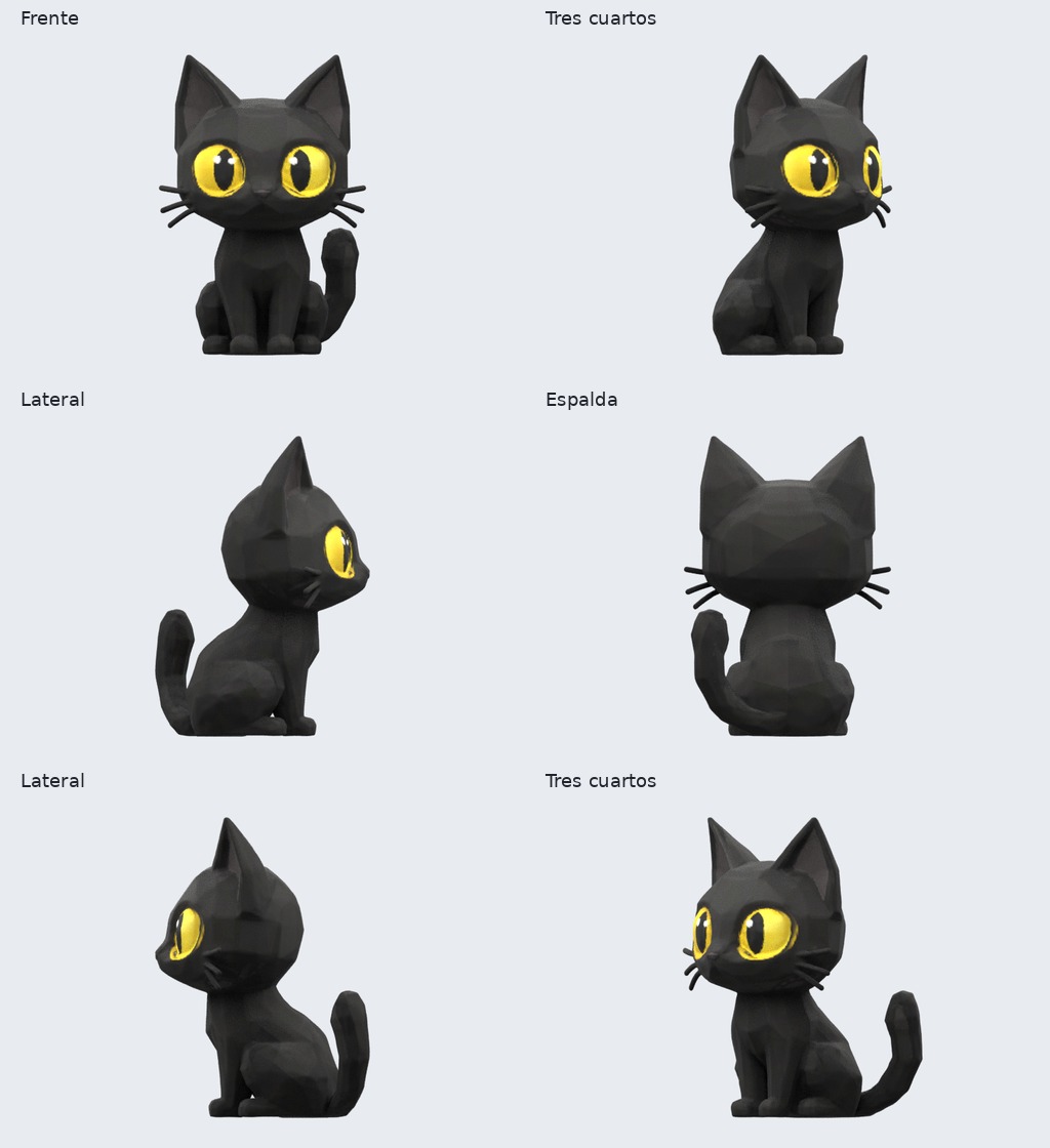 CPU-reconstructed, colored cat rendered from six angles