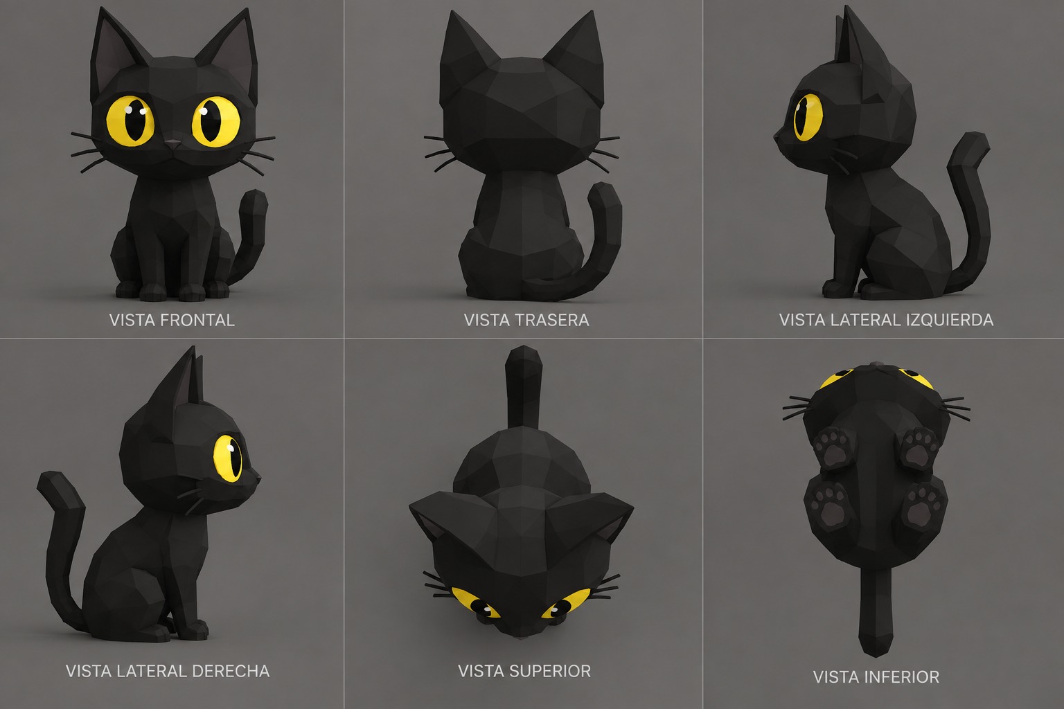 Reference sheet of the black cat, with six views